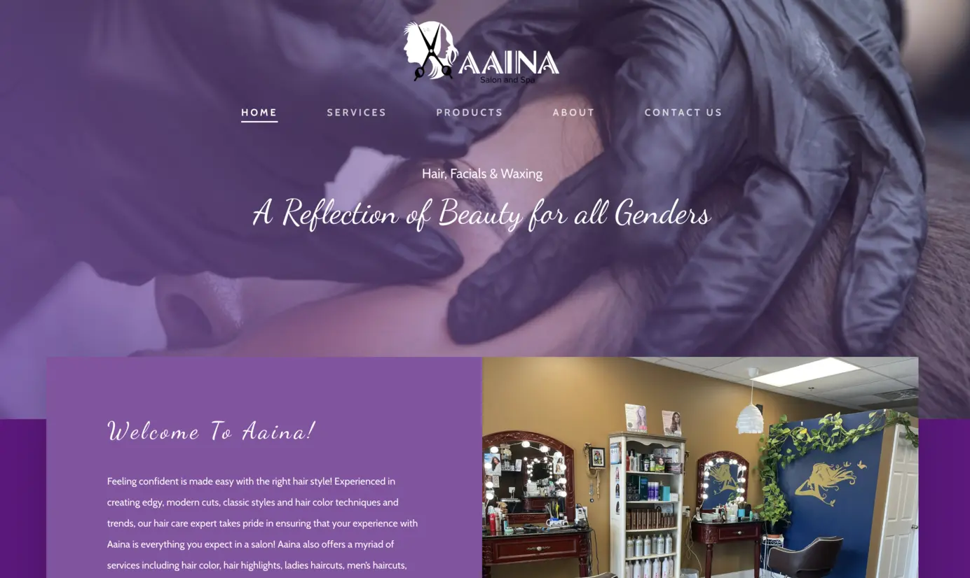 AAINA Salon and Spa website homepage screenshot
