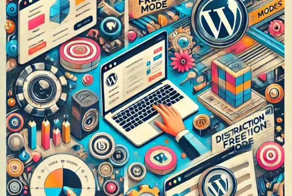 Collage of a WordPress dashboard highlighting hidden features. The collage includes zoomed-in sections showing keyboard shortcuts, distraction-free mode, and various editing tools. Vibrant colors are used to emphasize these features.
