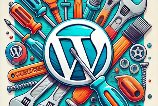 Image showing various maintenance tools such as a wrench, screwdriver, and other repair tools arranged around a WordPress logo, symbolizing site maintenance. The tools are integrated with the logo in a clear and modern style with vibrant colors.