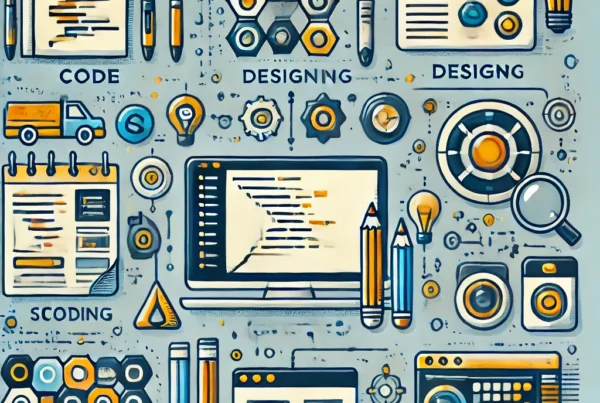 Graphic showcasing different stages of theme development, including coding, designing, and testing. The image includes visual representations of code snippets, design tools like Photoshop and Sketch, and testing tools. Each stage is clearly separated with a professional layout.
