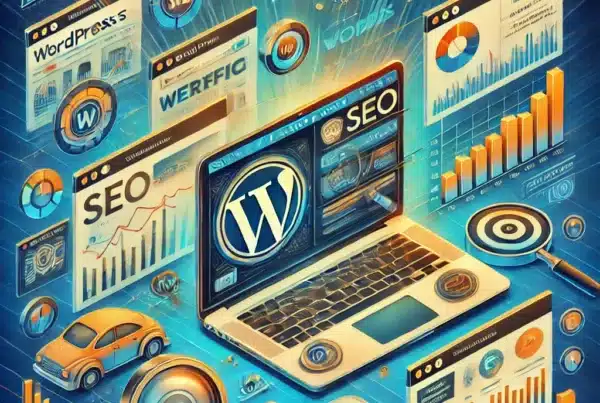 Collage of WordPress SEO optimization elements including a laptop with a WordPress dashboard, SEO icons, and graphs, titled 'Mastering WordPress SEO in 2024'
