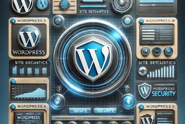 Image of a modern WordPress dashboard with security icons and a shield, set in 2024.