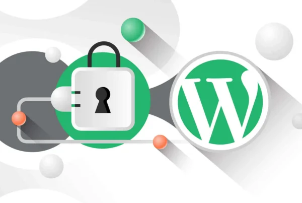 Illustration showing a padlock connected to the WordPress logo, symbolizing website security and plugin protection.
