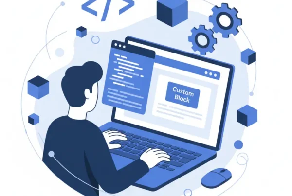 Illustration of a developer creating a custom Gutenberg block in WordPress on a laptop surrounded by coding elements
