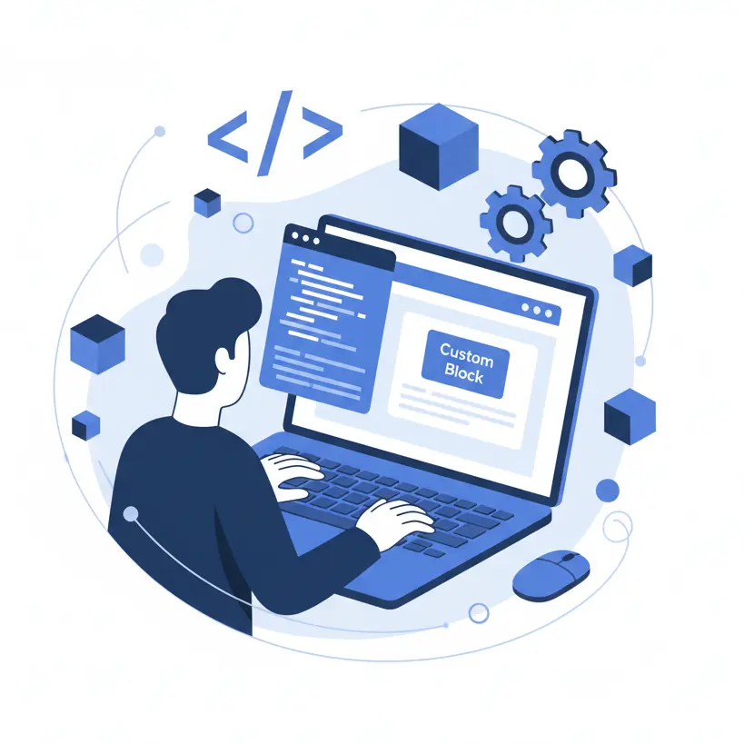 Illustration of a developer creating a custom Gutenberg block in WordPress on a laptop surrounded by coding elements