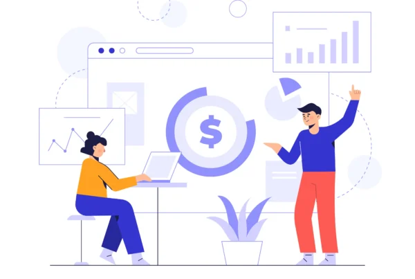 Clean vector illustration of a freelancer or developer analyzing project costs on a laptop with charts, money icons, and checklists around. Calm and professional workspace vibe, teal and blue color palette.