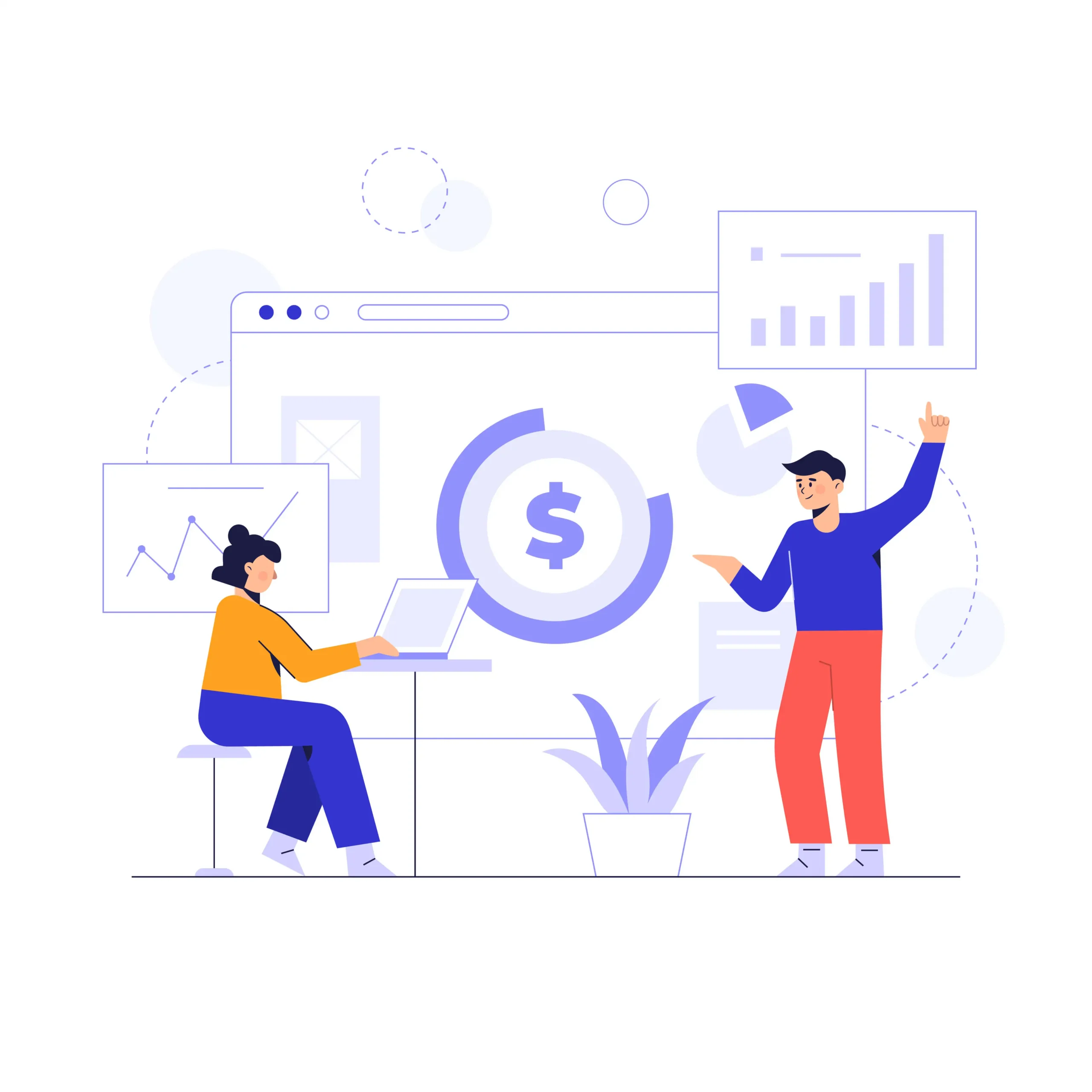 Clean vector illustration of a freelancer or developer analyzing project costs on a laptop with charts, money icons, and checklists around. Calm and professional workspace vibe, teal and blue color palette.