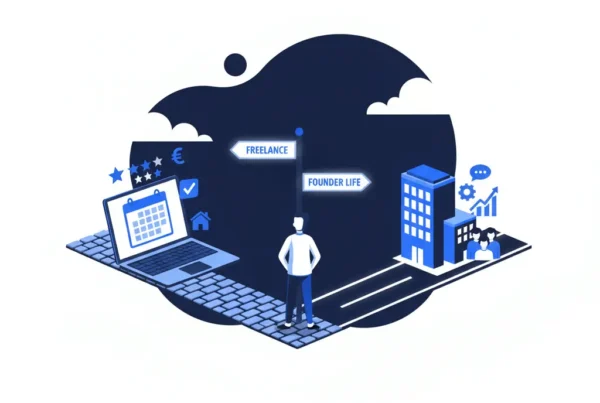 Illustration of a person standing at a crossroads between freelance work and founder life, representing the journey of building Logicware