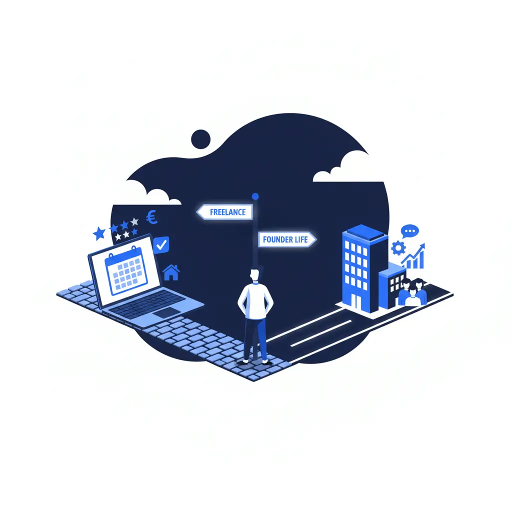 Illustration of a person standing at a crossroads between freelance work and founder life, representing the journey of building Logicware