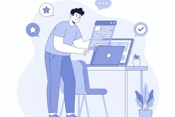 Modern vector illustration of a freelancer confidently reviewing completed contracts on a laptop, with abstract icons of ratings, messages, and checkmarks around. Calm workspace mood, soft blues and whites, minimal design.