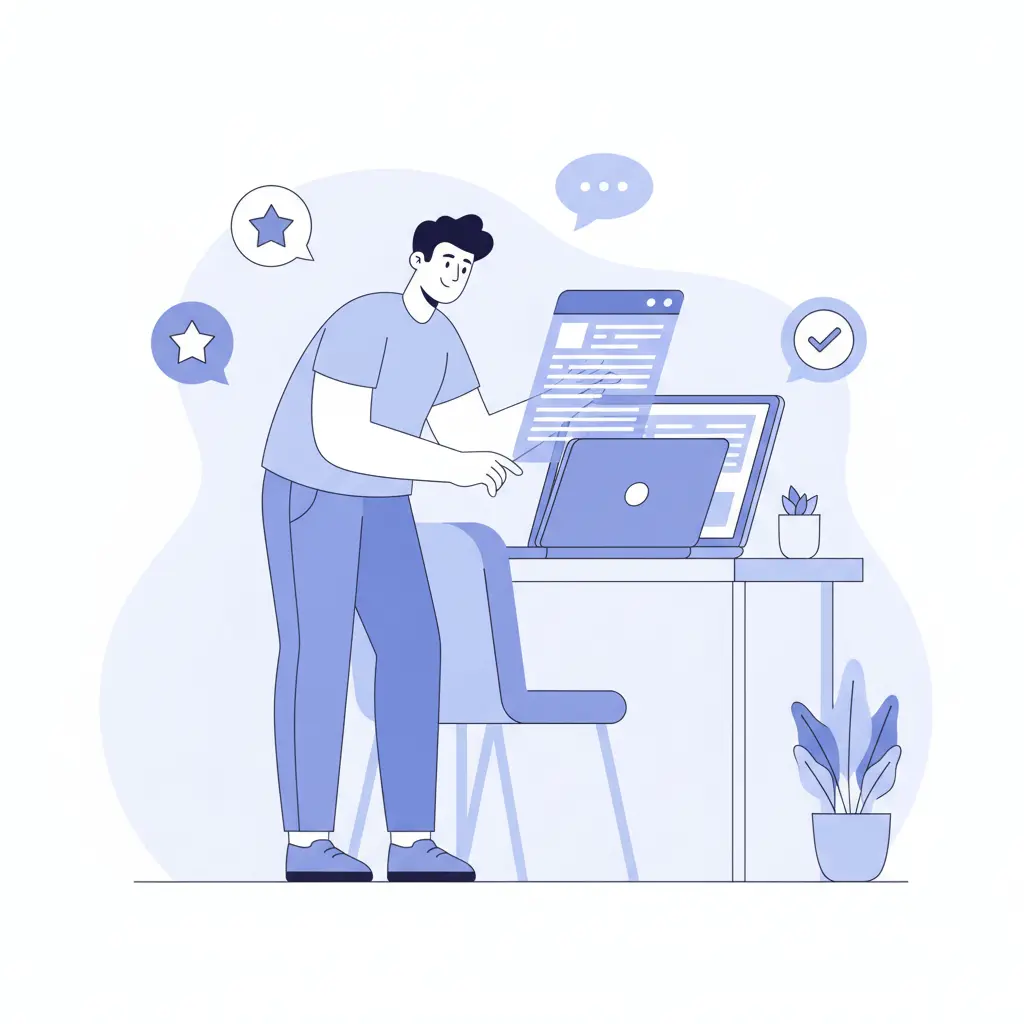 Modern vector illustration of a freelancer confidently reviewing completed contracts on a laptop, with abstract icons of ratings, messages, and checkmarks around. Calm workspace mood, soft blues and whites, minimal design.