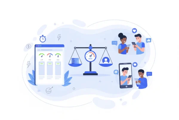 Illustration showing a balance between Core Web Vitals metrics and real user experience, representing the balance between technical performance and usability in WordPress websites