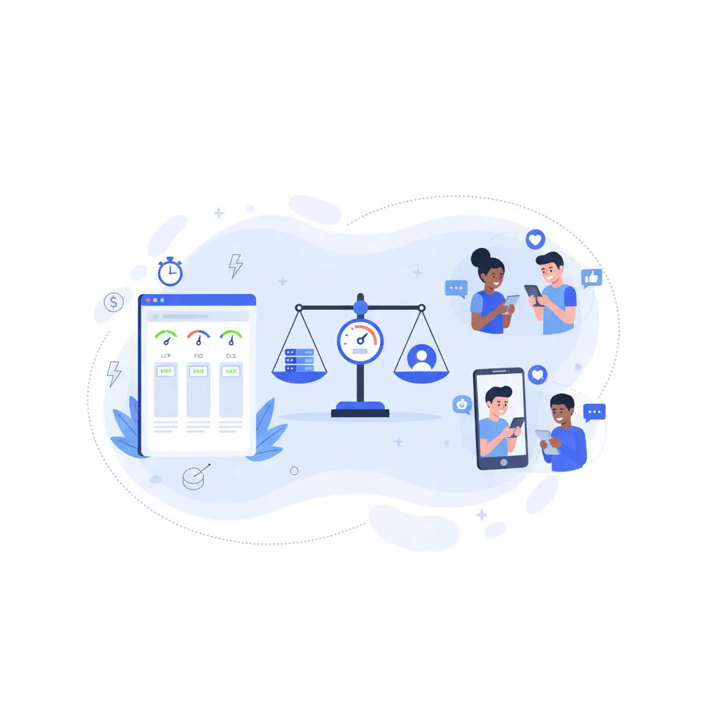 Illustration showing a balance between Core Web Vitals metrics and real user experience, representing the balance between technical performance and usability in WordPress websites