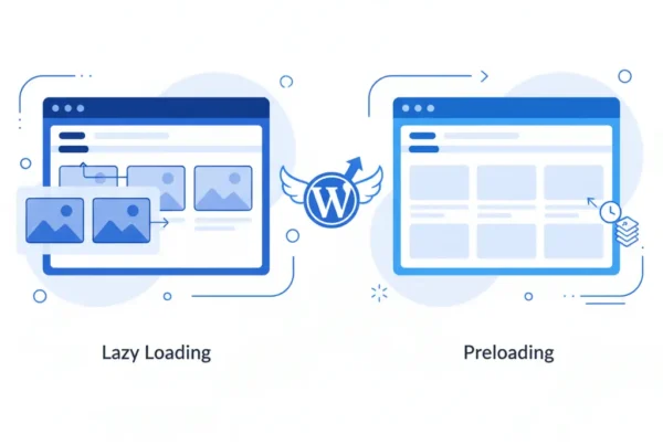 Illustration comparing lazy loading and preloading in WordPress, showing images loading gradually on one side and preloaded assets on the other