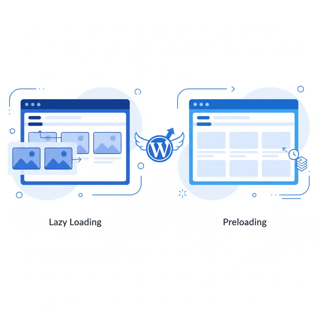 Illustration comparing lazy loading and preloading in WordPress, showing images loading gradually on one side and preloaded assets on the other