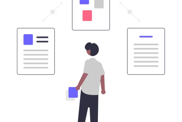 Illustration of a person analyzing connected project documents representing controlled project scope and workflow