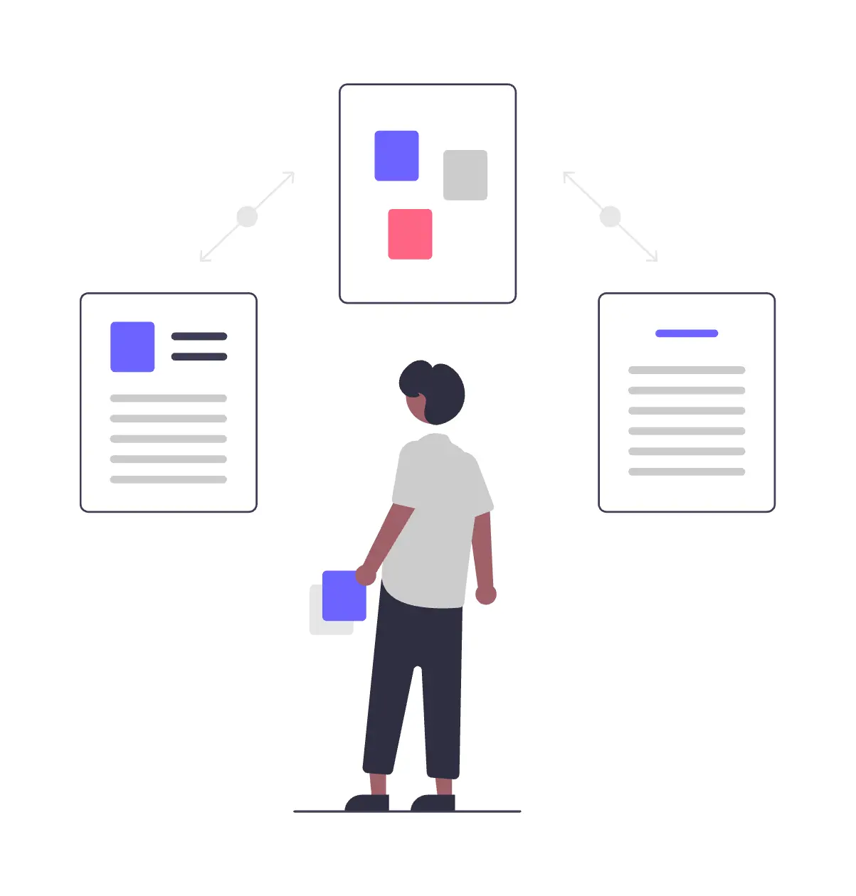 Illustration of a person analyzing connected project documents representing controlled project scope and workflow
