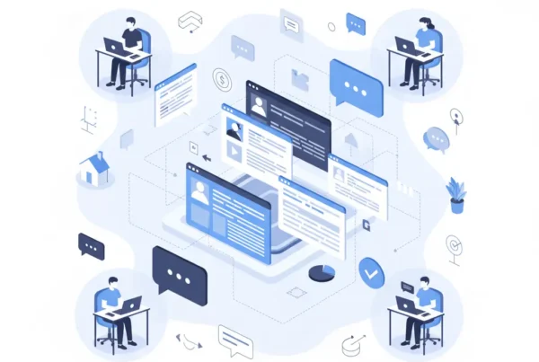 Illustration of remote team members collaborating through digital tools and connected interfaces, representing smooth remote work management