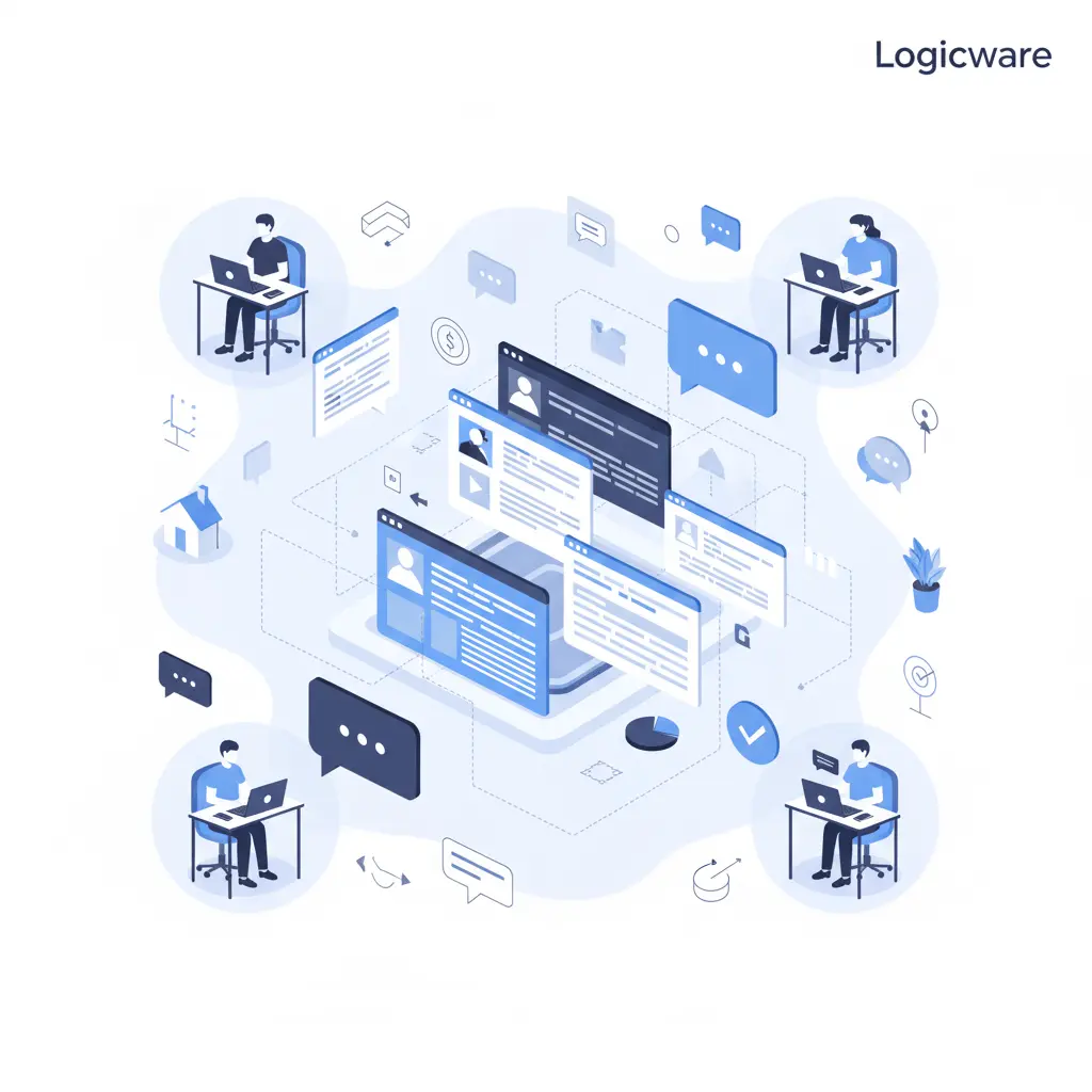 Illustration of remote team members collaborating through digital tools and connected interfaces, representing smooth remote work management