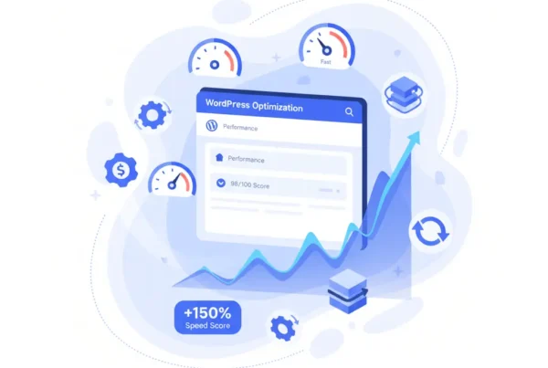 Illustration of WordPress performance optimization showing speed meters, upward graph, and improved speed score representing faster website load times