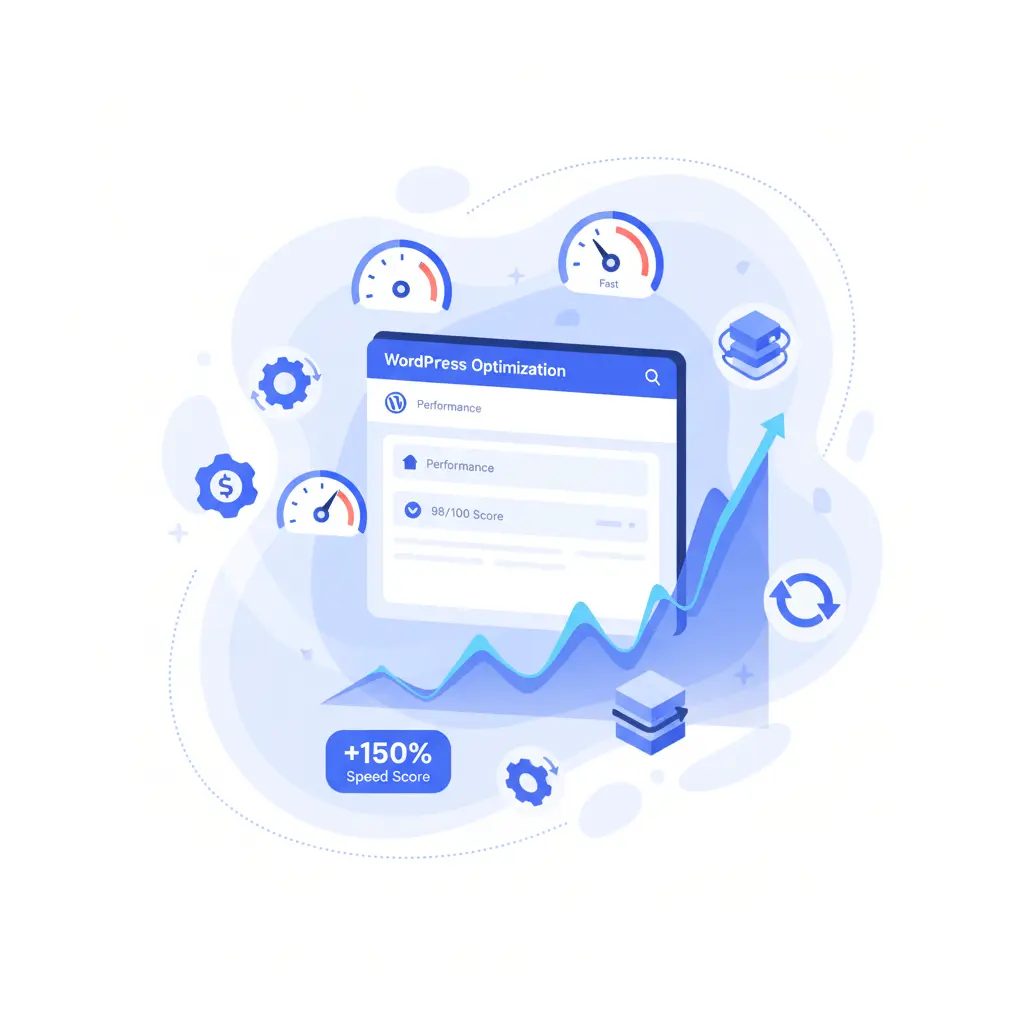 Illustration of WordPress performance optimization showing speed meters, upward graph, and improved speed score representing faster website load times