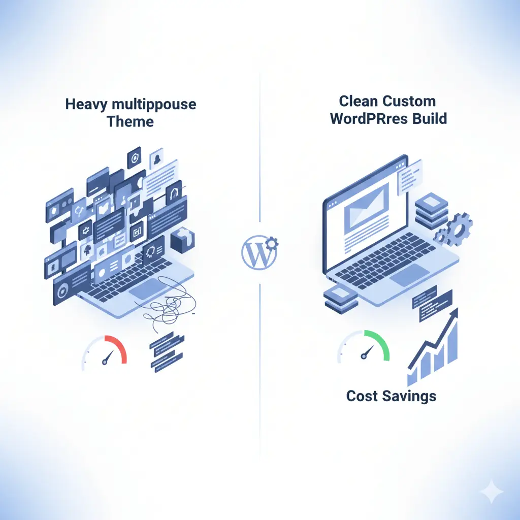 Comparison between a heavy multipurpose WordPress theme and a clean custom WordPress build showing performance and cost savings